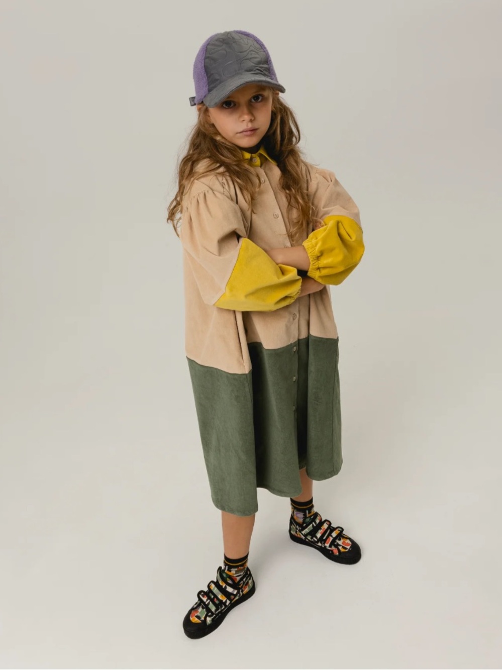 WOLF & RITA Colorblock Button-Down Shirt Dress in Beige, Olive & Yellow